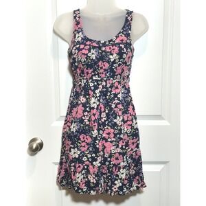 Decree Navy Floral Sleeveless Ruched Waist Tiered Dress XS Spring Flirty Summer